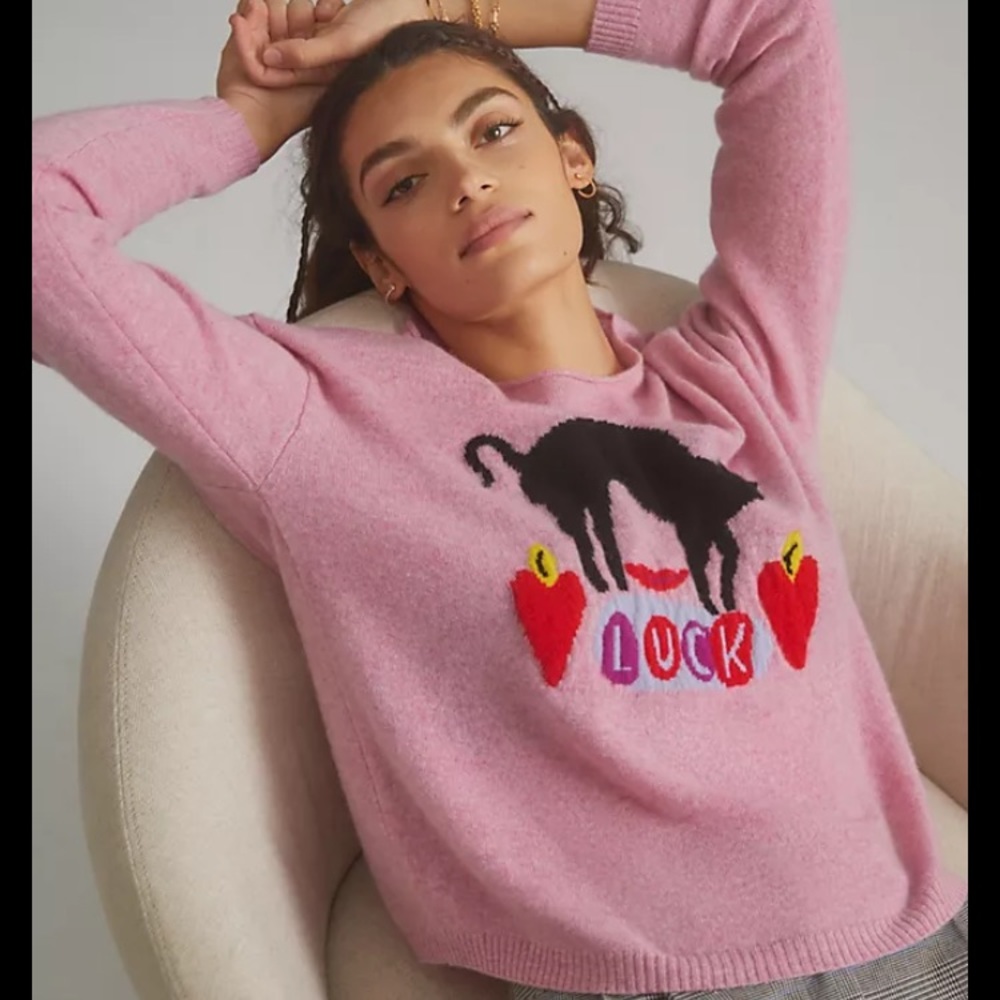 Nwot ANTHROPOLOGIE Cashmere Pink Kitty Cat Sweater